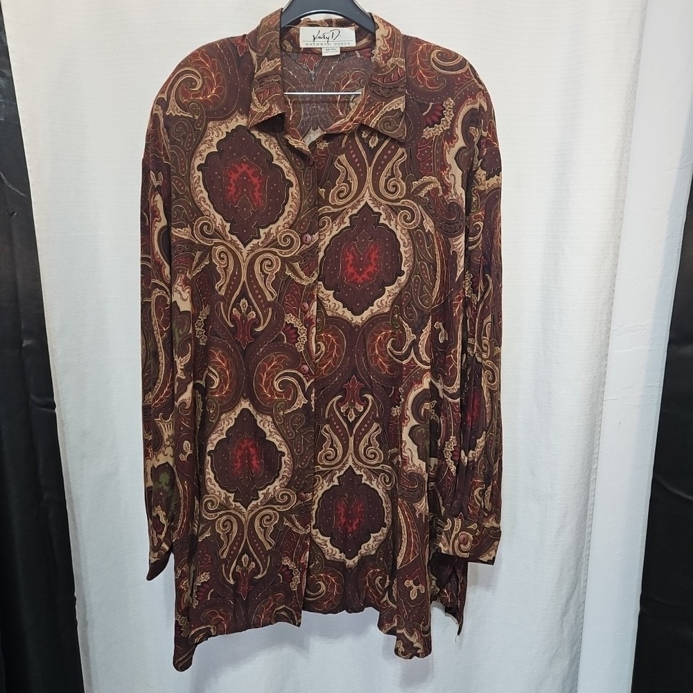 Womens Vtg Katy D SZ 22/24 Brown Full Button Blouse Paisley Long Boho Lagen READ